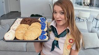 The motivated girl scout, Mazy Myers, is teasing with her cookies before getting fucked