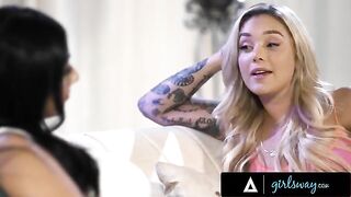 Two passionate lesbians are engaged in gentle caresses and passionate scissoring