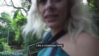 A blonde MILF with natural tits gets banged outdoors by Public Agent