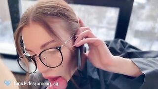 A hot slut talking on the phone with her husband while being fucked by a friend