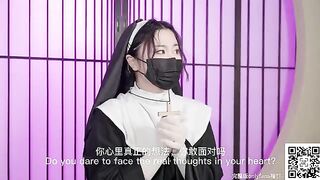 A nun with a lustful desire is wearing sexy stockings and high heels