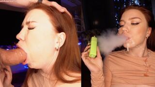 The beautiful woman smokes a cigarette and does a blowjob