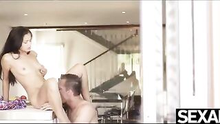 The girl was fucked over the kitchen table, showcasing intense passion in a steamy encounter