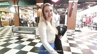 Hot blonde fucks for money in the shopping mall toilet, a daring act