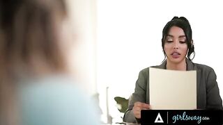 The busty lawyer Vanessa Sky fucks with her client Kayley Gunner in a steamy session