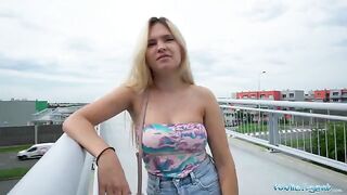 Public Agent Irina Cage flashes her tits and ass on the bridge for cash