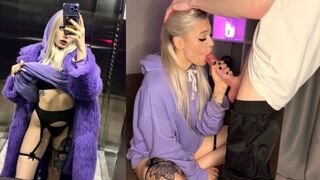 A cute petite girl met a guy in the elevator and got cum on her