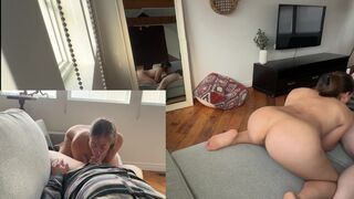 A couple enjoys sex in a hotel room with other guests nearby