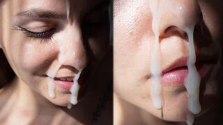 The cute girl gets a huge cumshot on her face