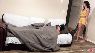 Horny wife gets fucked by her husband and his friend on the couch
