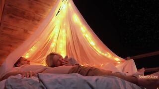 A couple enjoys romantic sex with long foreplay and simultaneous orgasm outdoors
