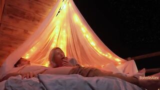 A couple enjoys romantic sex with long foreplay and simultaneous orgasm outdoors