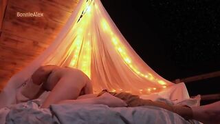 A couple enjoys romantic sex with long foreplay and simultaneous orgasm outdoors