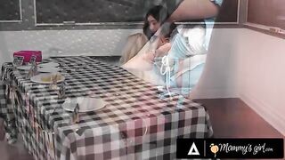 A hot MILF is getting intimate with her stepdaughter during a college bake sale
