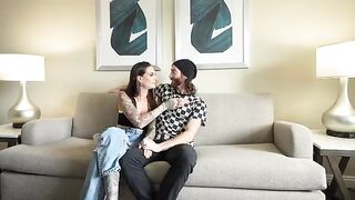 A boyfriend experiences his first double blowjob with two girls in an intense encounter