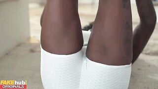 Hot ebony yoga teacher with big tits squirts all over her student’s cock