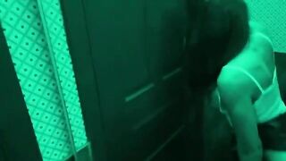A couple has sex on the toilet and gets caught by a roommate in a steamy encounter