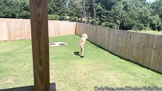 A hot blonde gets naked in the backyard and has a quickie on the porch