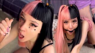 Emo babe with pink hair gets her mouth filled with sticky sperm, check it out!