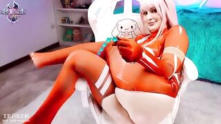 Zero Two masturbates with a toy and squirts in a steamy scene