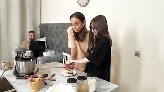 Two girls are cooking Russian syrniki when a guy joins and fucks them both