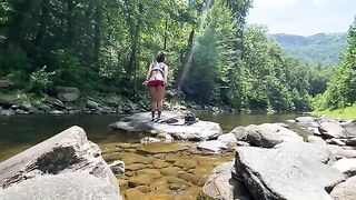 Real couple AmyGabe fucked outdoors on the mountain, right on the riverbank