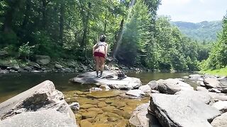 Real couple AmyGabe fucked outdoors on the mountain, right on the riverbank