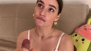 The cute girl made a promise to gently suck his dick, but she broke her word