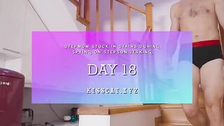 A step mom got stuck on the stairs and her step son helped her by jerking off