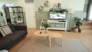 A hot guy is playing video games with his stepsister, getting excited