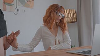 The red-haired cute girl fucked in her tight pussy during a Zoom meeting