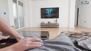 My stepsister services my huge cock when she thinks nobody’s around
