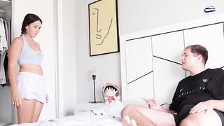 A stepsister peeps her stepbrother jerking off and fucks with him in the closet