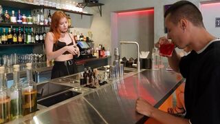 The hot bartender wore sexy lingerie, and the customer went down on her