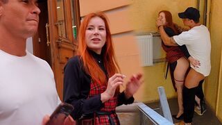 Redhead with huge boobs gets banged in the vestibule and at a YouTuber’s place