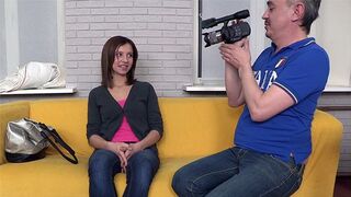 Skinny brunette gets fucked at casting by a guy with an huge cock