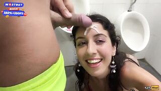 Public blowjob and cumwalk action in a risky outdoor spot with many people