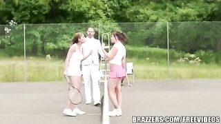 The girl has sex with her friend and rich uncle on the tennis court