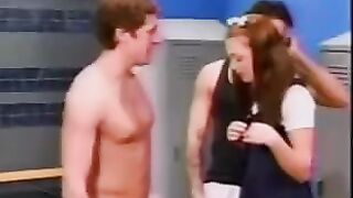 A cute school girl got fucked by two guys in the locker room