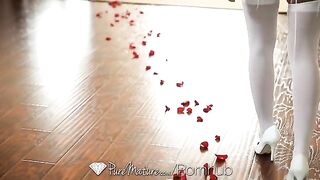 A young brunette girl has sex directly on the bed with her partner