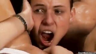 Bukakke with a cumshot right in the mouth, intense and raw