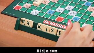 The blonde was seducing a timid old peasant in the kitchen on the table