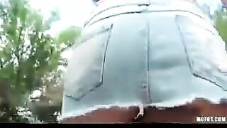 Brunette babe wanking her juicy pussy on the street for camera