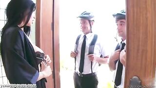 Appetizing brunette beauty fucked by Jehovah’s witnesses in a steamy threesome