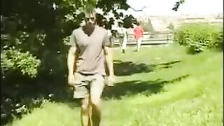 A man in the hayloft has fun with his long cock