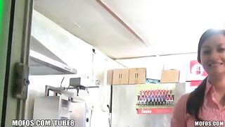 A girl is fucking for money, she is a saleswoman and she is hot