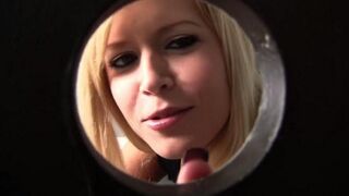 The blonde makes a hole in the toilet and sucks a dick