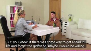 A blonde girl is fucking with the photographer on the casting couch