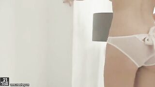 Skinny blonde masturbates her hairy pussy with intense pleasure in 60fps quality