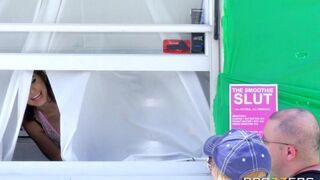 A cute girl fucked with her boyfriend in a diner on wheels